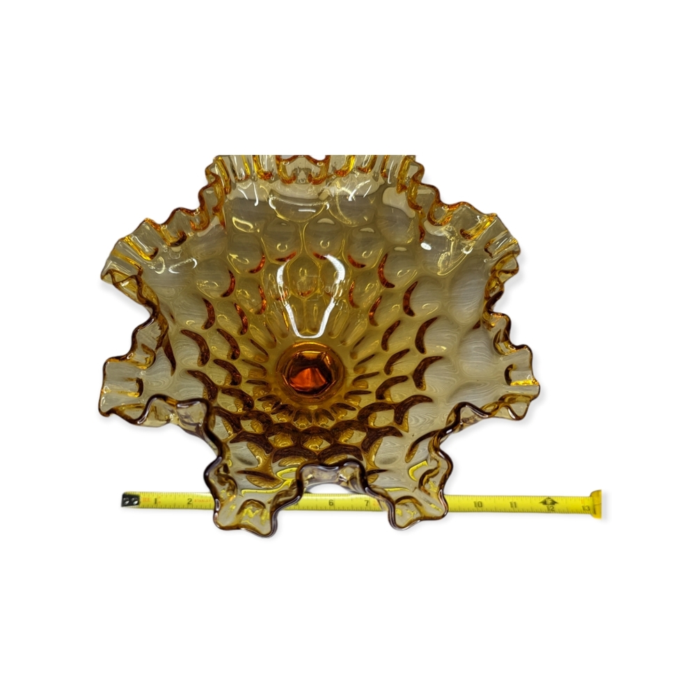Vintage Fenton Thumbprint Ruffled Honey Amber Compote Glass Dish - Picture 4 of 5